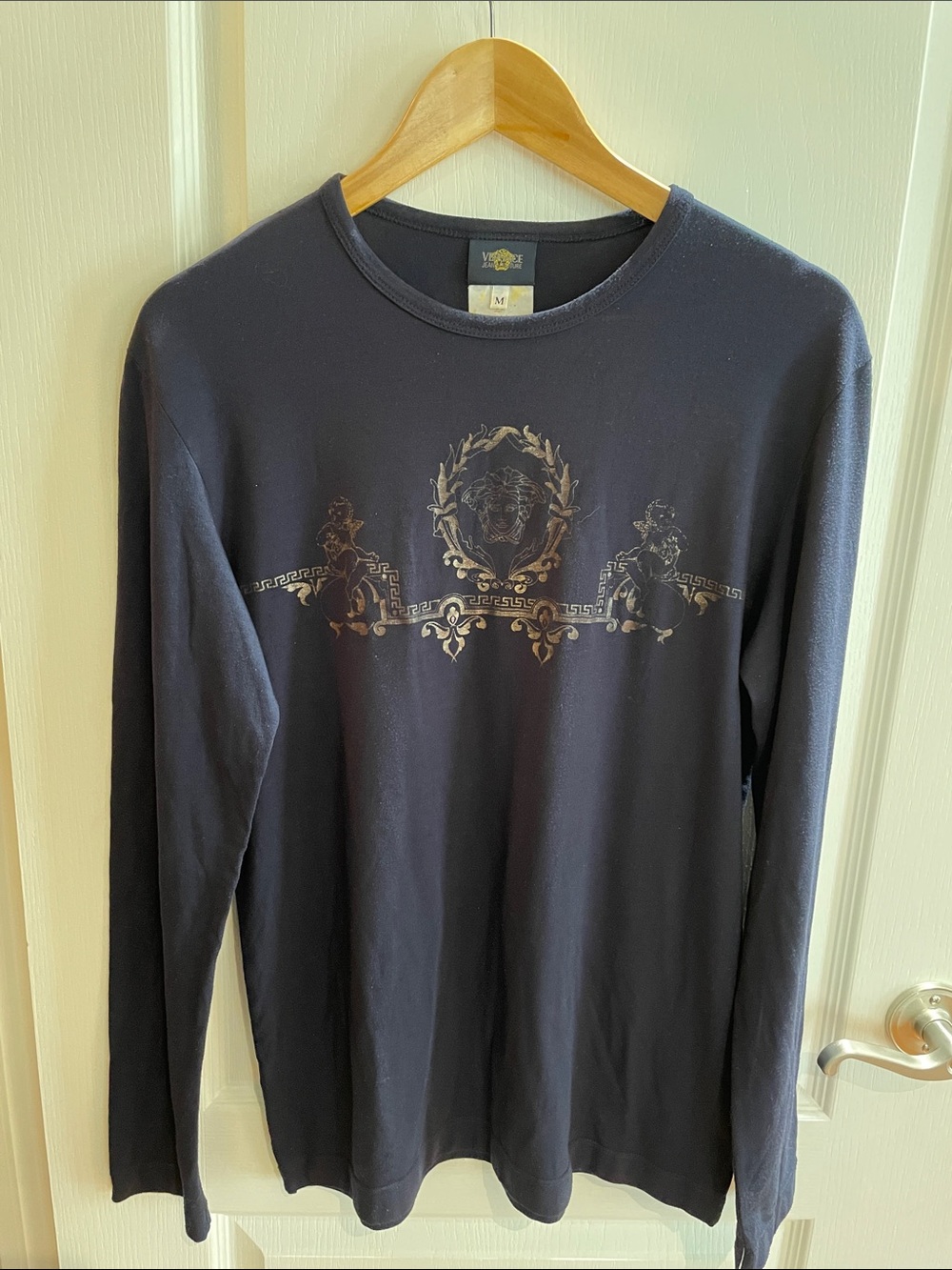 Long Sleeve Navy Tee with Metallic Crest Print